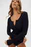 womens black henley bodysuit long sleeve