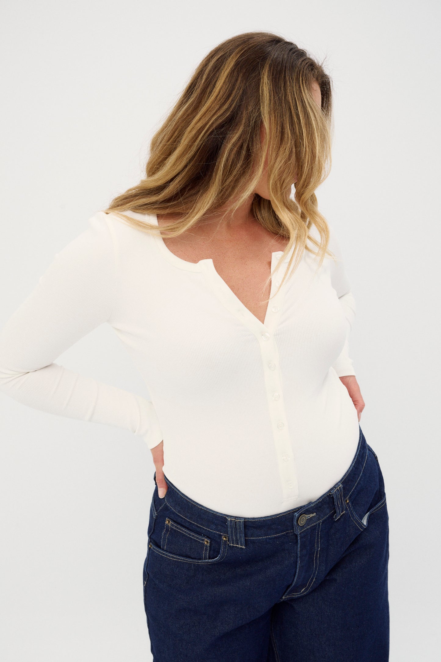 womens white henley bodysuit long sleeve