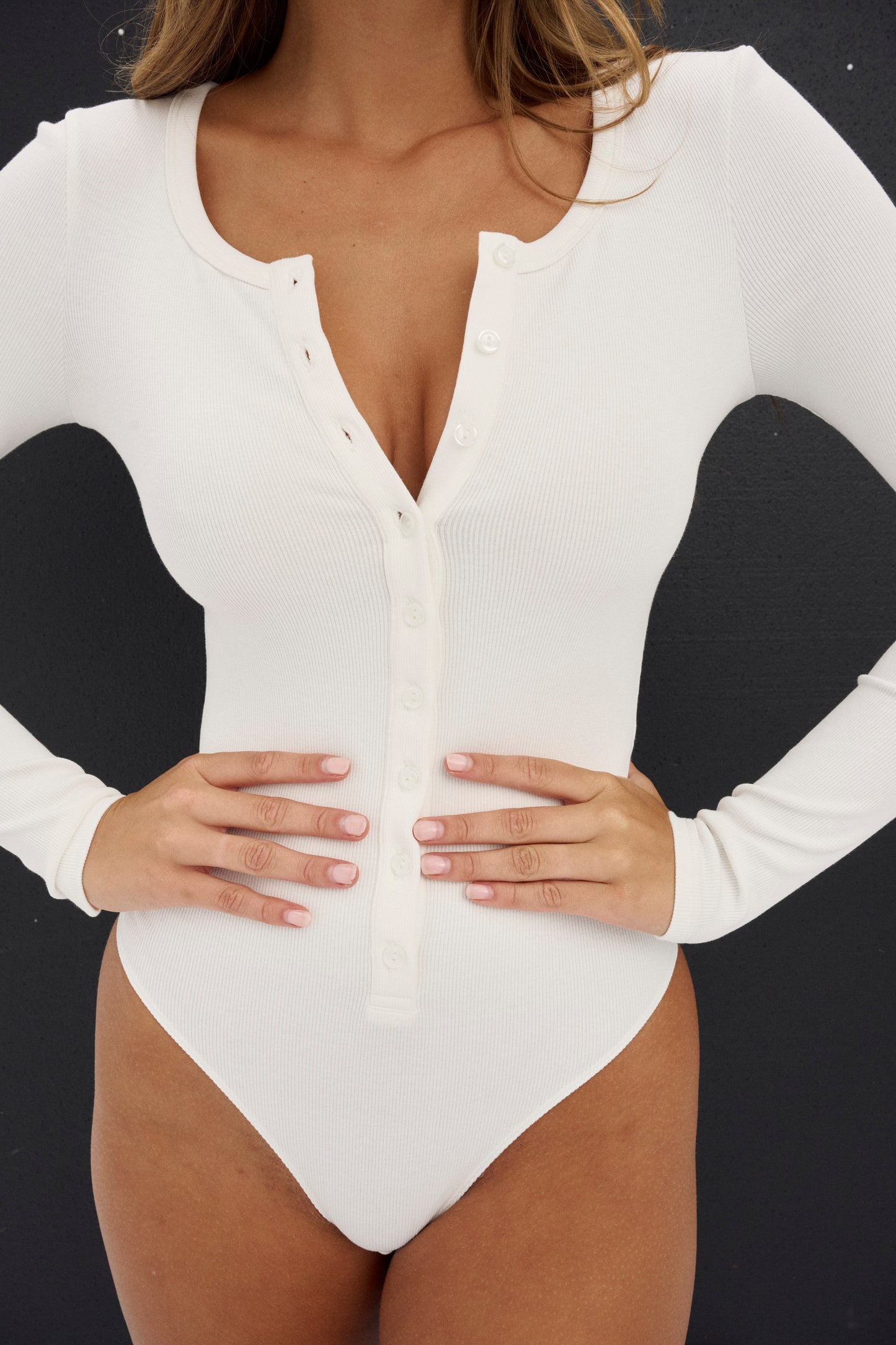 womens white henley bodysuit long sleeve