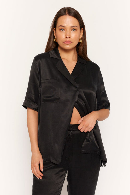 womens black double breasted cupro oversized shirt