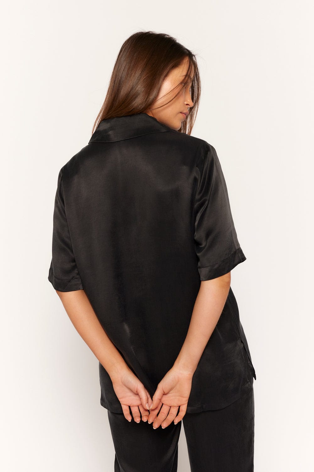 womens black double breasted cupro oversized shirt