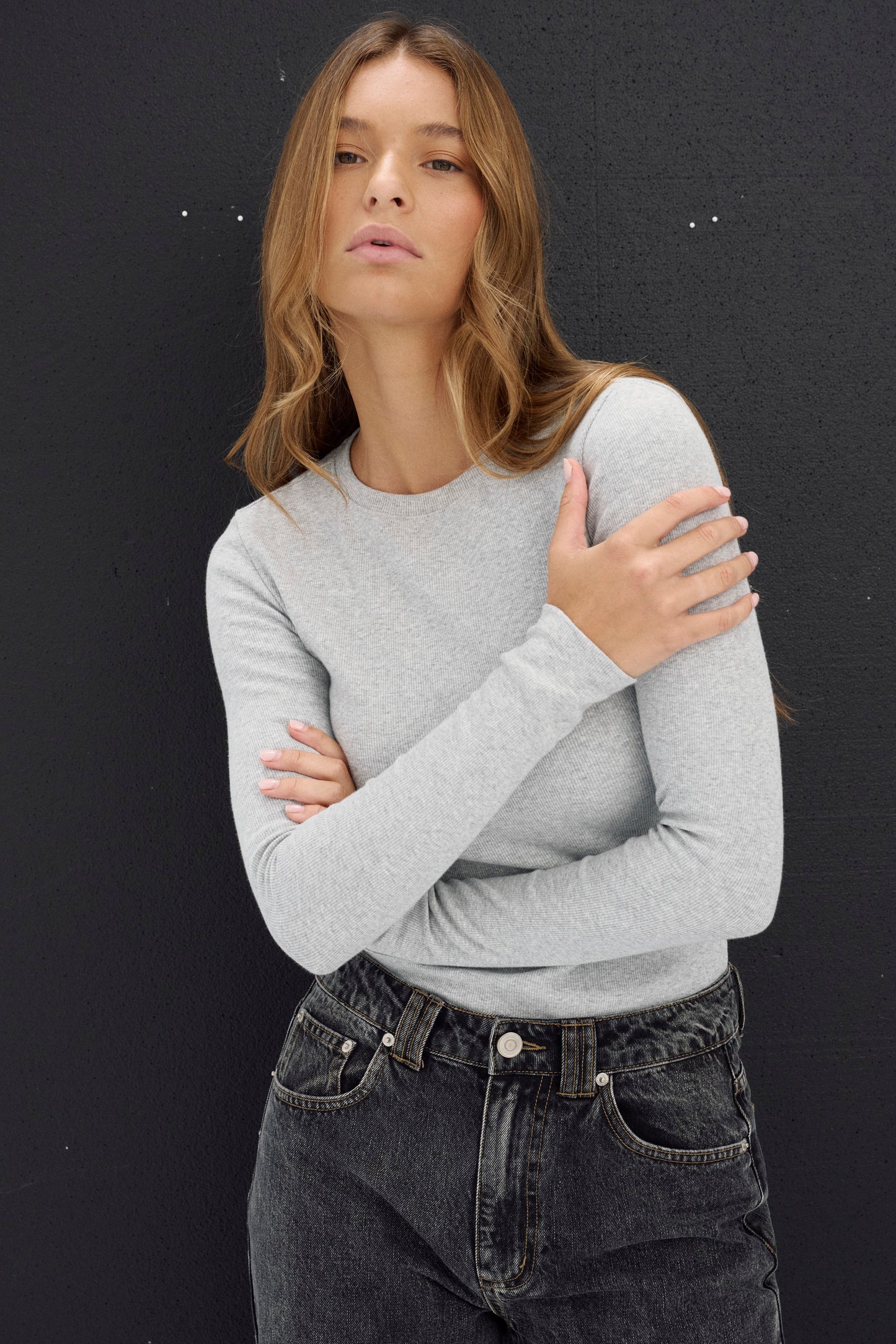 womens grey long sleeve ribbed top